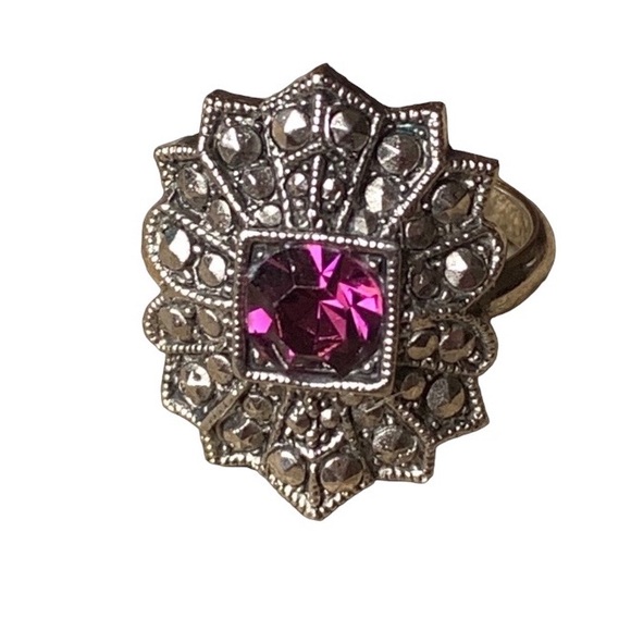 Marcasite Silver-Plated Purple Ring Woman’s Jewelry Art Deco Plum Crystal NEW - Picture 2 of 8